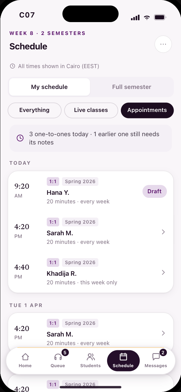 Coach — schedule, appointments view