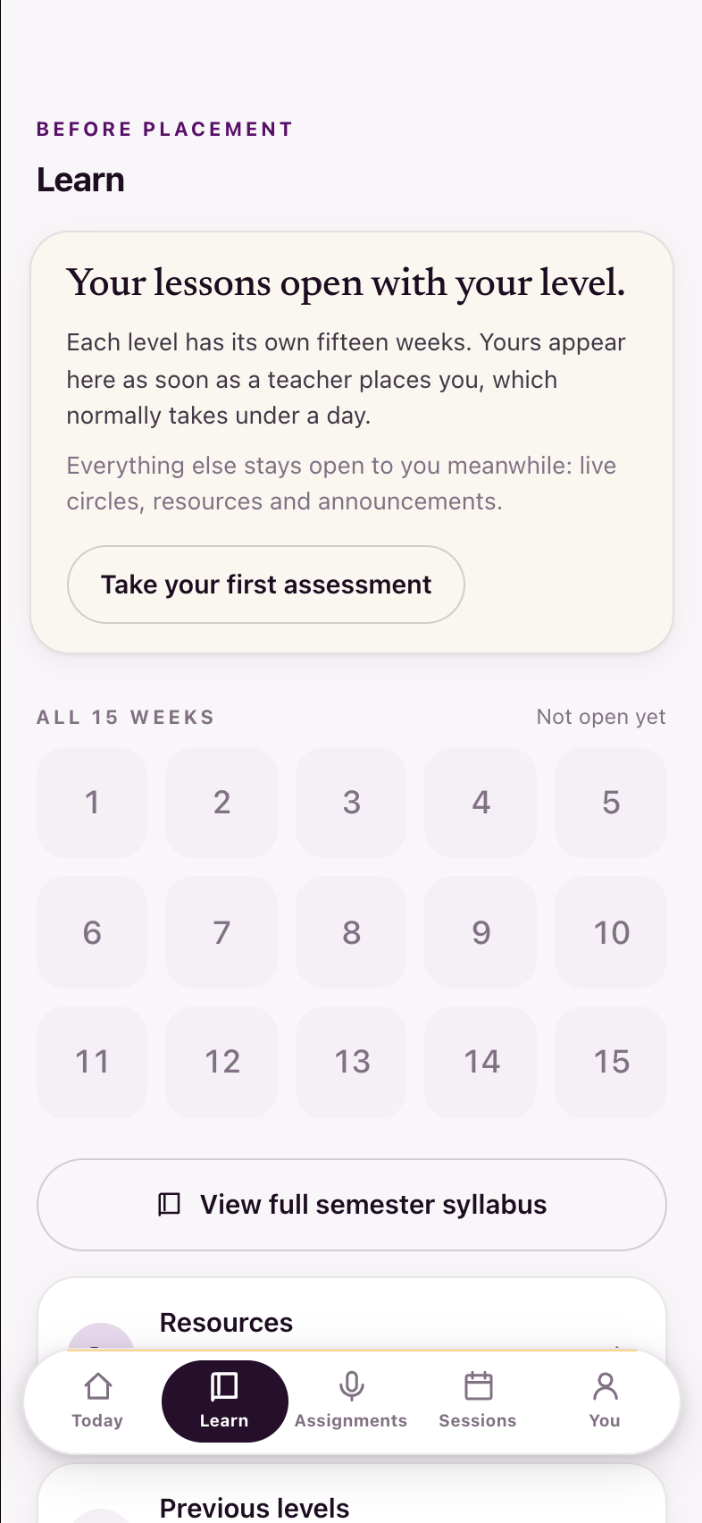 Learn — before a level